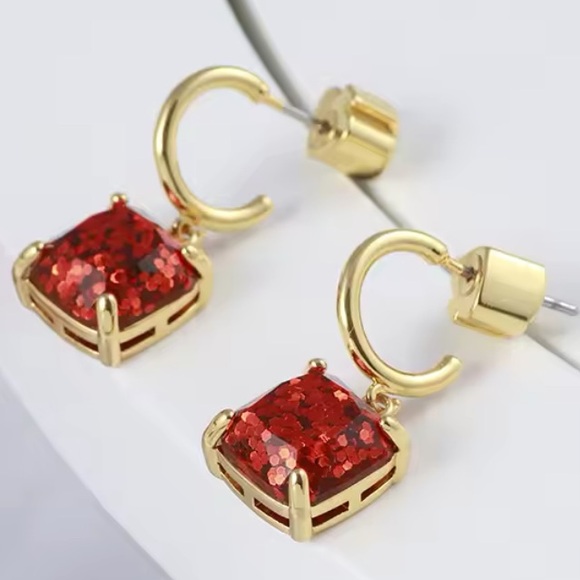 Kate Spade ♠️ New York huggie hoop red glitter drop n dangle earrings - Picture 4 of 7